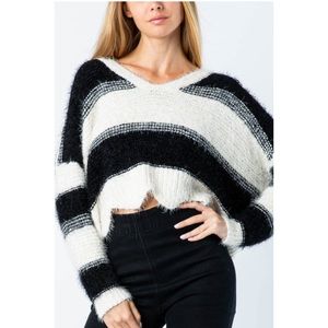 Grey Bandit Black and White Scalloped Cropped Sweater